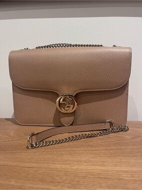Gucci Beige Taupe Leather GG Chain Shoulder Bag